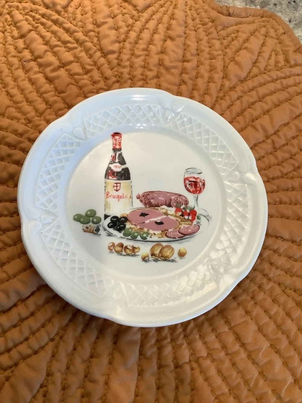 French Canapé Ceramic Plate with Wine and Charcuterie Motif